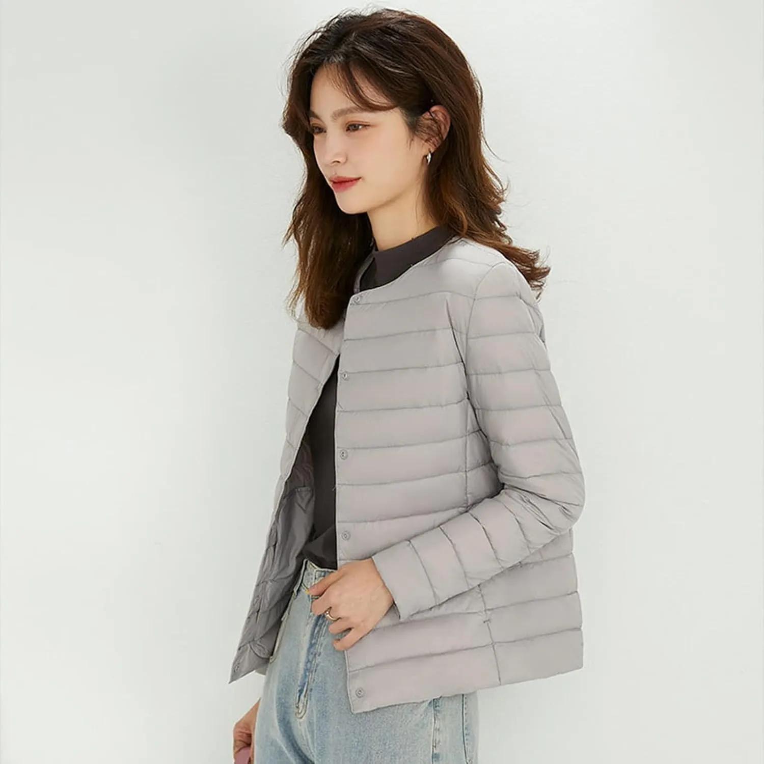 Womens Ultra Lightweight Packable Short Down Jacket Fashion Collarless Button Down Quilted Puffer Parka Coats Outwear