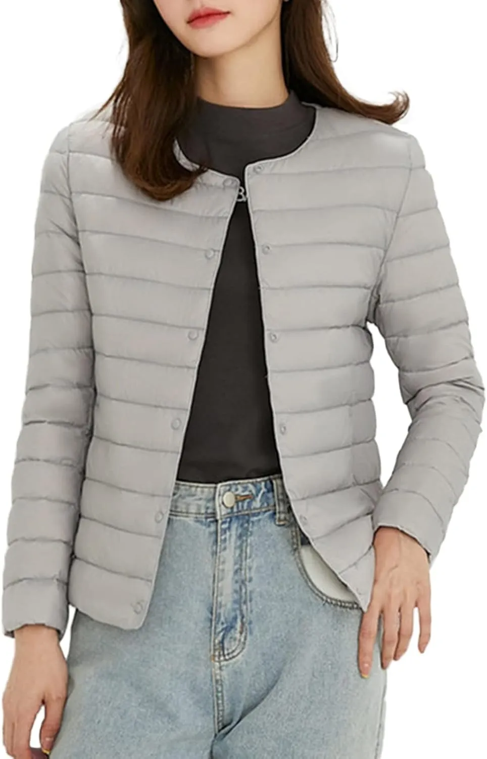 Womens Ultra Lightweight Packable Short Down Jacket Fashion Collarless Button Down Quilted Puffer Parka Coats Outwear