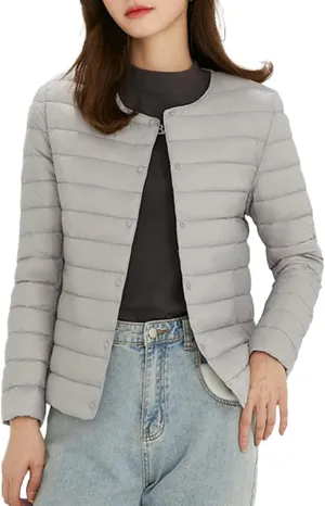 Womens Ultra Lightweight Packable Short Down Jacket Fashion Collarless Button Down Quilted Puffer Parka Coats Outwear