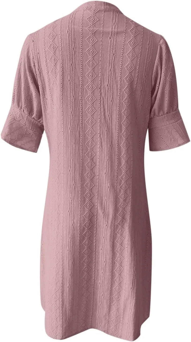 Women's V Neck Half Sleeve Solid Color Pleated Dress Shirt Dress A Line