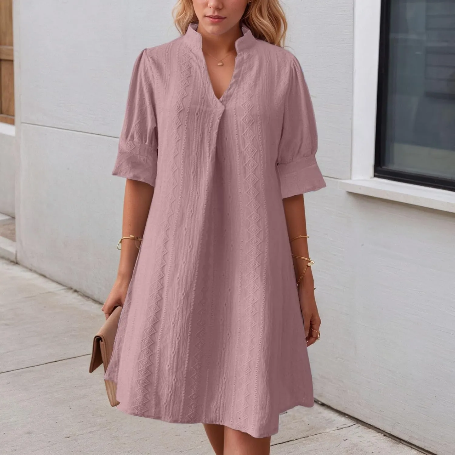 Women's V Neck Half Sleeve Solid Color Pleated Dress Shirt Dress A Line