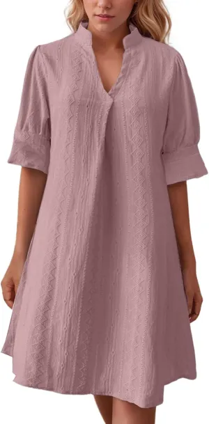 Women's V Neck Half Sleeve Solid Color Pleated Dress Shirt Dress A Line