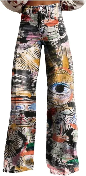 Womens Vintage Wide Leg Fashion High Waisted Casual Denim Pants 90s Floral Printed Pull On Baggy Trousers 2