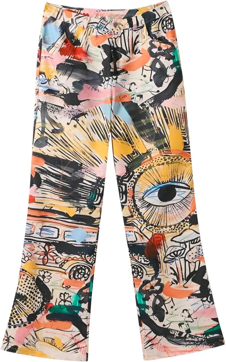 Womens Vintage Wide Leg Fashion High Waisted Casual Denim Pants 90s Floral Printed Pull On Baggy Trousers 2