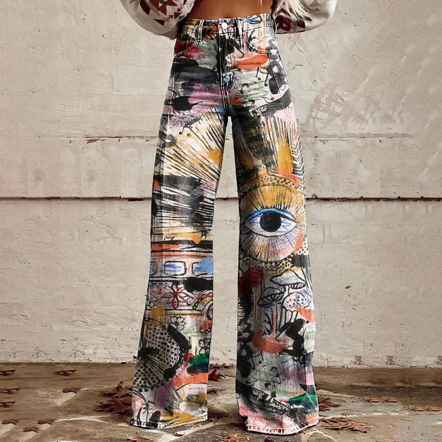 Womens Vintage Wide Leg Fashion High Waisted Casual Denim Pants 90s Floral Printed Pull On Baggy Trousers 2