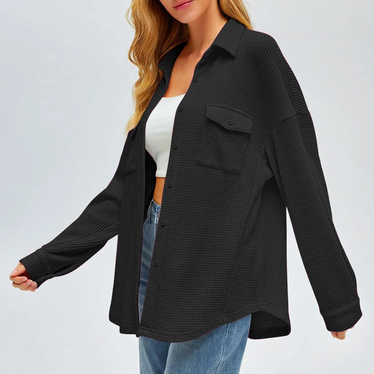 Womens Waffle Knit Shacket Jacket Casual Boyfriend Button Down Shirts Dressy Blouses Oversized Long Sleeve Tunic Tops