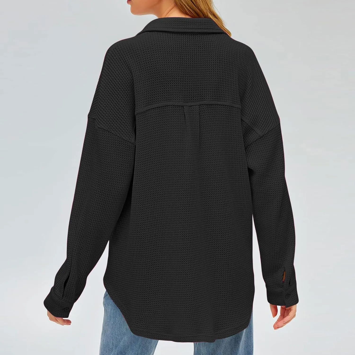 Womens Waffle Knit Shacket Jacket Casual Boyfriend Button Down Shirts Dressy Blouses Oversized Long Sleeve Tunic Tops
