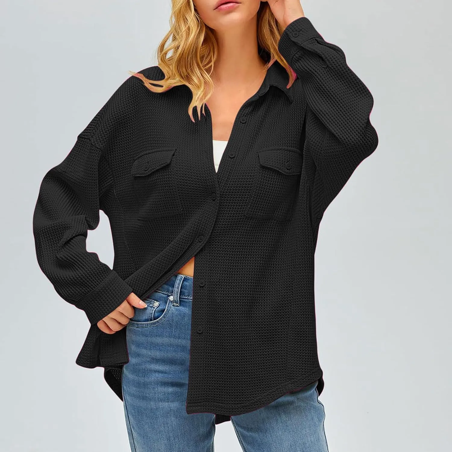 Womens Waffle Knit Shacket Jacket Casual Boyfriend Button Down Shirts Dressy Blouses Oversized Long Sleeve Tunic Tops