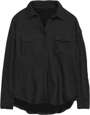 Womens Waffle Knit Shacket Jacket Casual Boyfriend Button Down Shirts Dressy Blouses Oversized Long Sleeve Tunic Tops