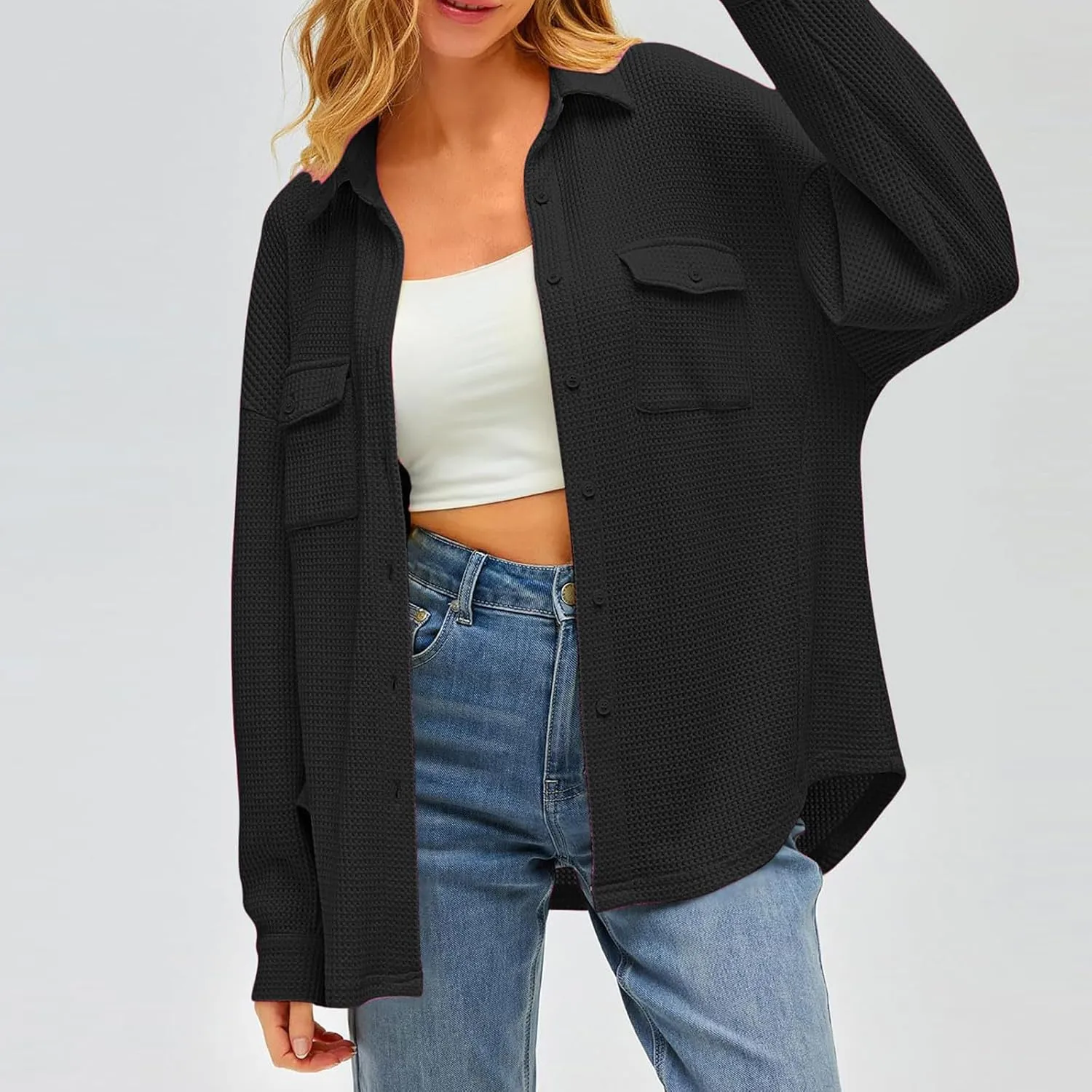 Womens Waffle Knit Shacket Jacket Casual Boyfriend Button Down Shirts Dressy Blouses Oversized Long Sleeve Tunic Tops