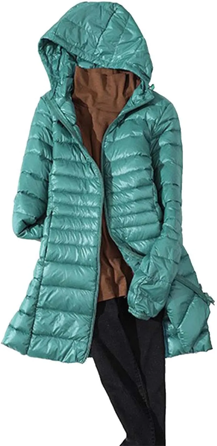 Women's Warm Winter Glossy Down Jacket Ultralight Long Down Outerwear Puffer Jacket Hooded Coat Padded Full-Zip Zip-Up with