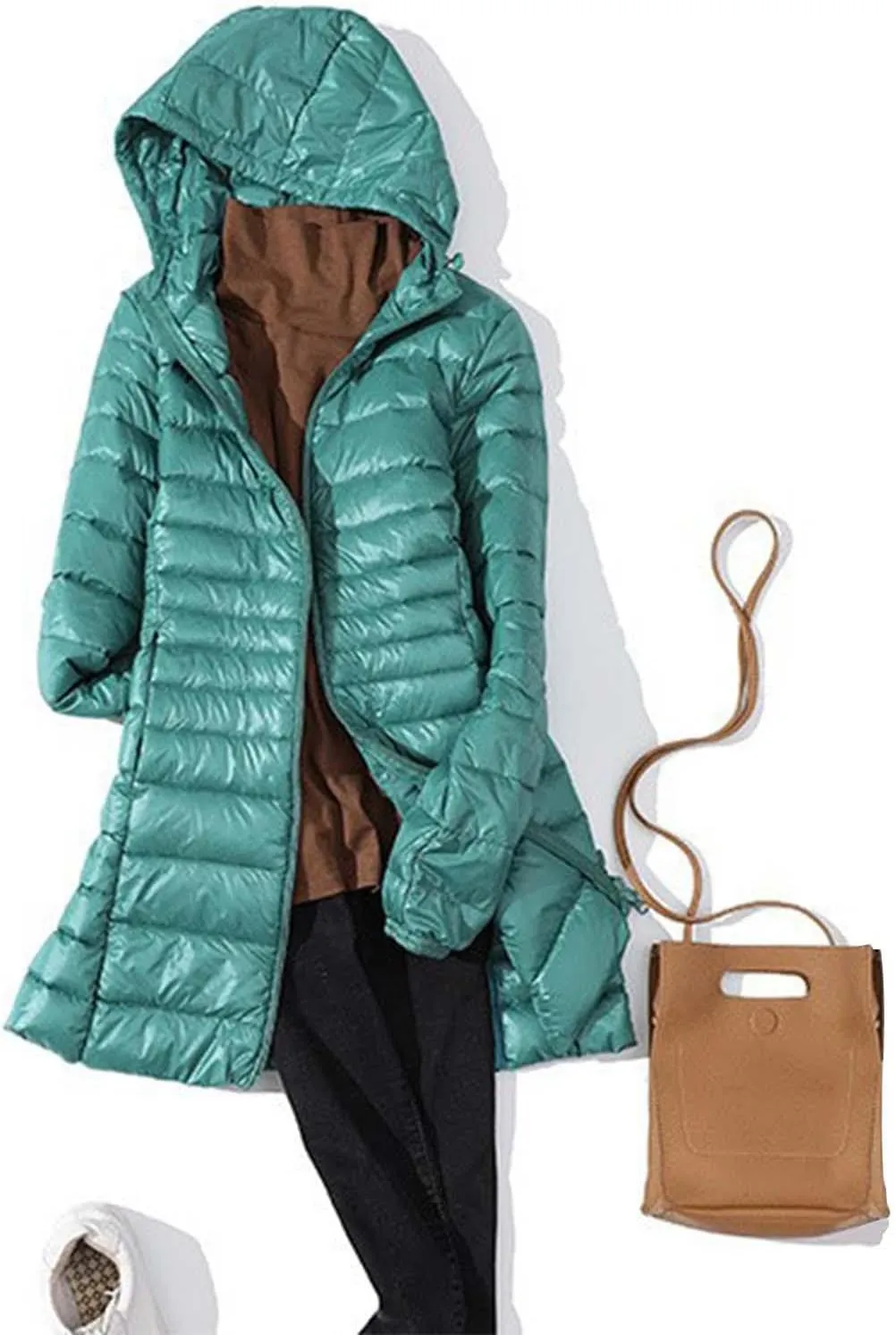 Women's Warm Winter Glossy Down Jacket Ultralight Long Down Outerwear Puffer Jacket Hooded Coat Padded Full-Zip Zip-Up with