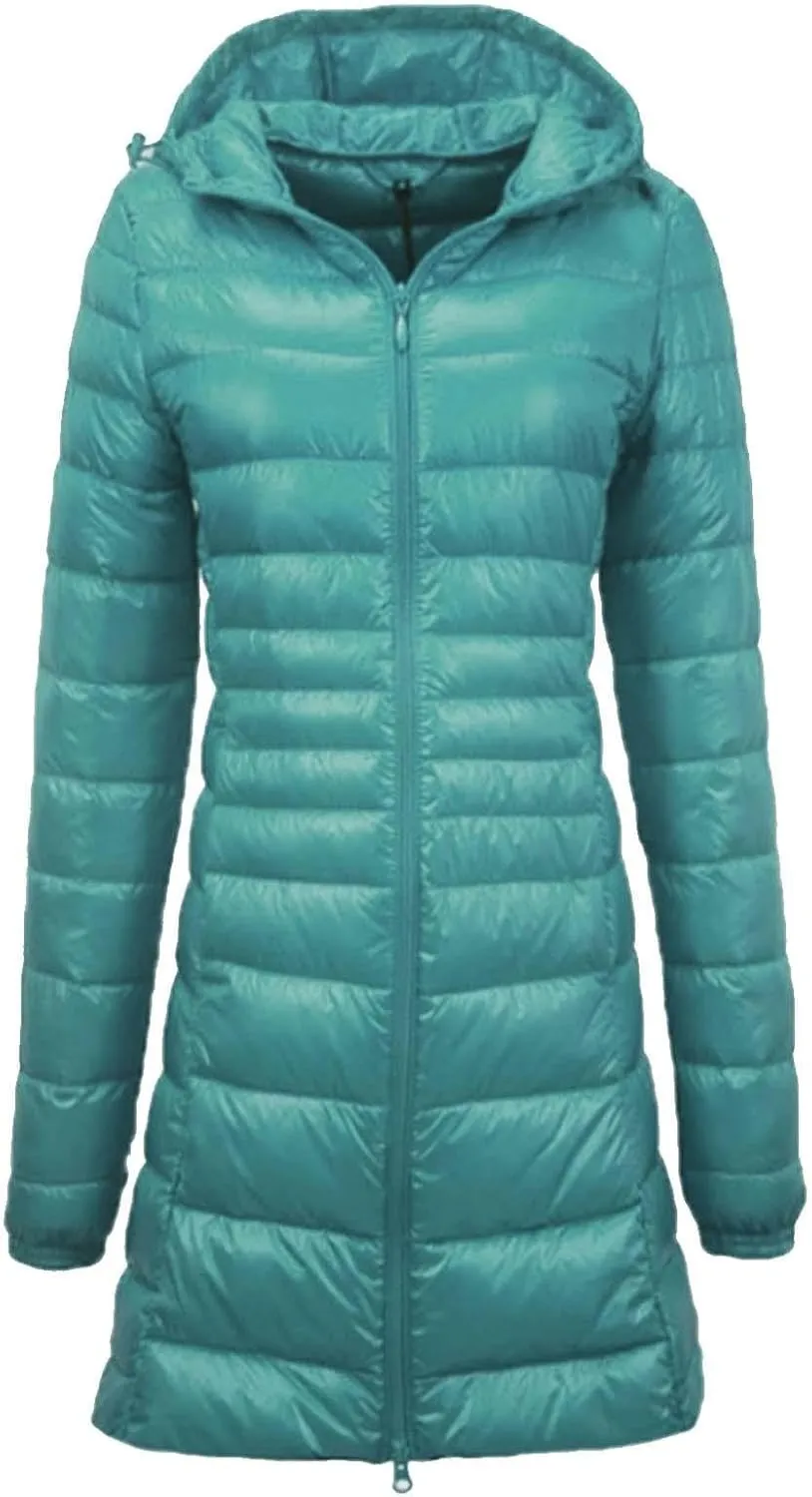 Women's Warm Winter Glossy Down Jacket Ultralight Long Down Outerwear Puffer Jacket Hooded Coat Padded Full-Zip Zip-Up with