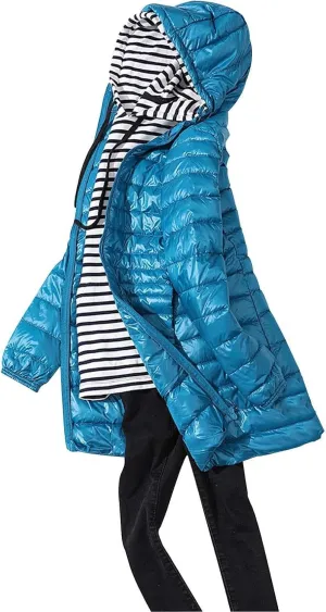 Women's Warm Winter Glossy Down Jacket Ultralight Long Down Outerwear Puffer Jacket Hooded Coat Padded Full-Zip Zip-Up with
