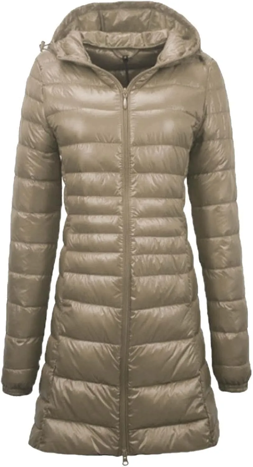 Women's Warm Winter Glossy Down Jacket Ultralight Long Down Outerwear Puffer Jacket Hooded Coat Thicken Padded with Hood