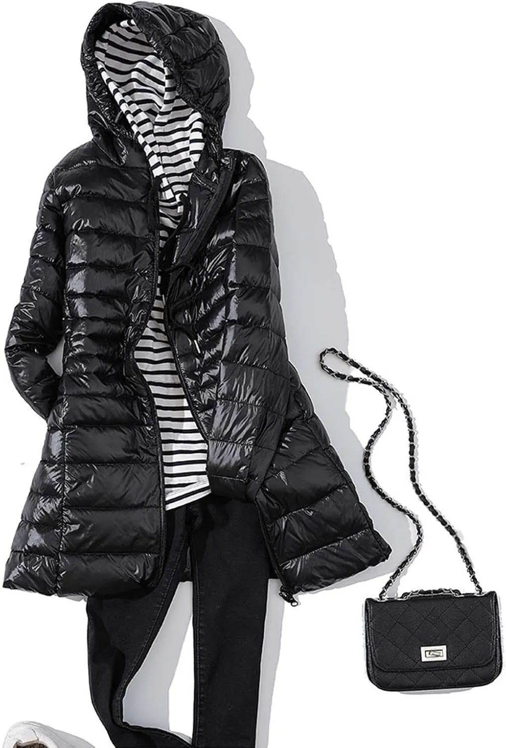 Women's Warm Winter Glossy Down Jacket Ultralight Long Down Outerwear Puffer Jacket Hooded Coat Thicken Padded with Hood