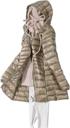 Women's Warm Winter Glossy Down Jacket Ultralight Long Down Outerwear Puffer Jacket Hooded Coat Thicken Padded with Hood