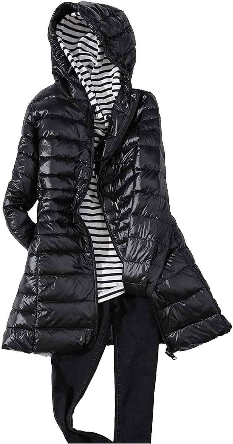 Women's Warm Winter Glossy Down Jacket Ultralight Long Down Outerwear Puffer Jacket Hooded Coat Thicken Padded with Hood