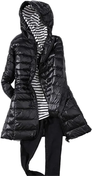 Women's Warm Winter Glossy Down Jacket Ultralight Long Down Outerwear Puffer Jacket Hooded Coat Thicken Padded with Hood