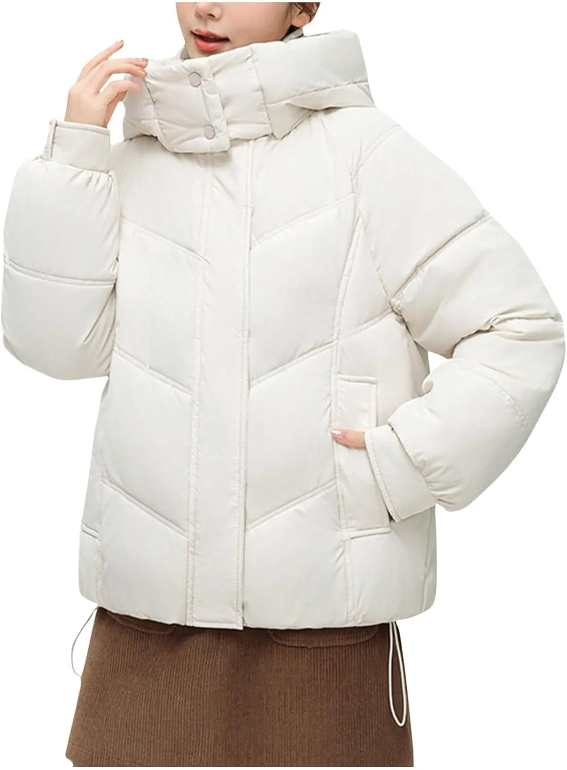 Womens Winter Coats Long Sleeve Puffer Jackets Stand Collar Down Coats Thicken Baggy Short Warm Coats with Pockets