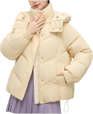 Womens Winter Coats Long Sleeve Puffer Jackets Stand Collar Down Coats Thicken Baggy Short Warm Coats with Pockets