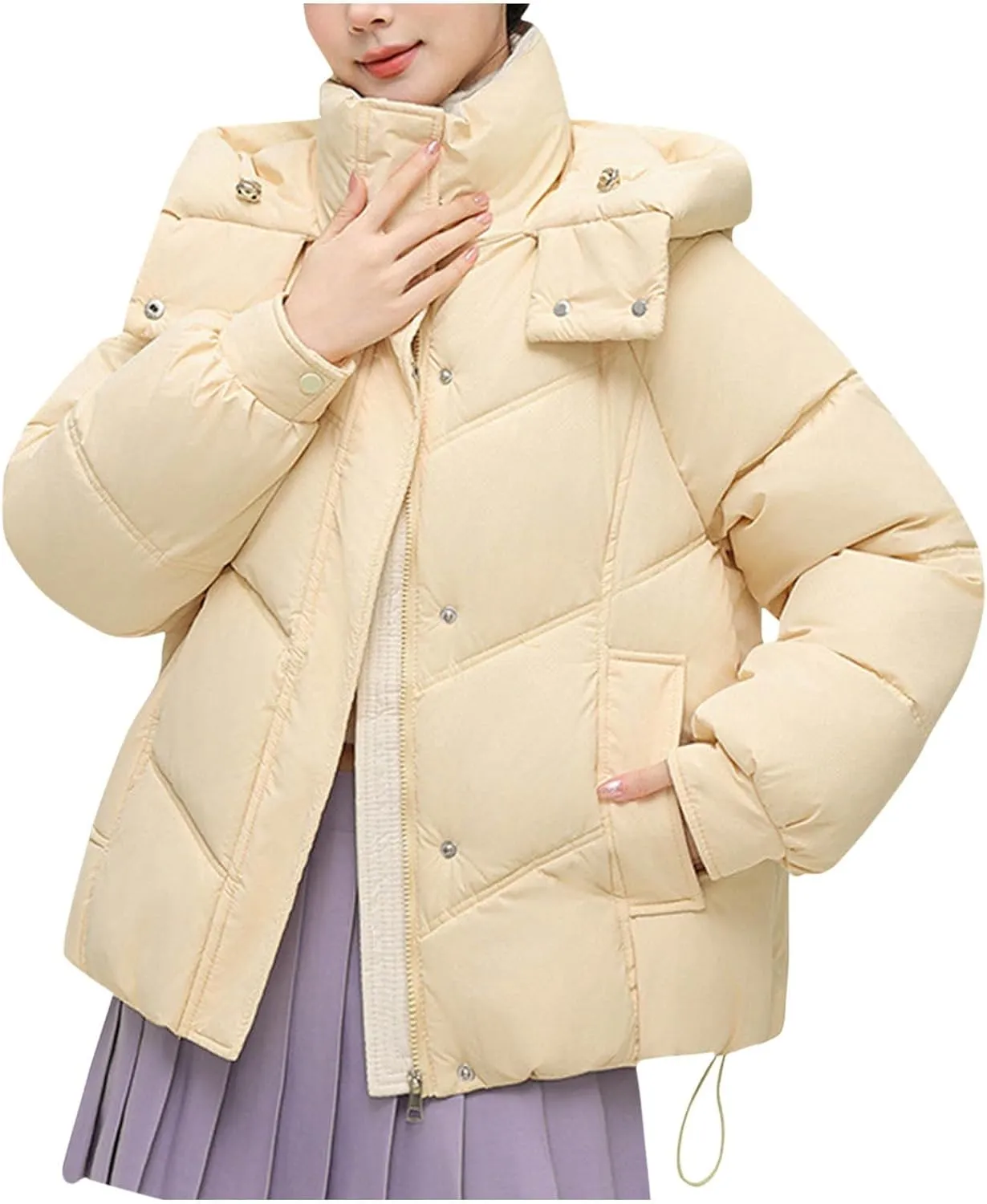 Womens Winter Coats Long Sleeve Puffer Jackets Stand Collar Down Coats Thicken Baggy Short Warm Coats with Pockets
