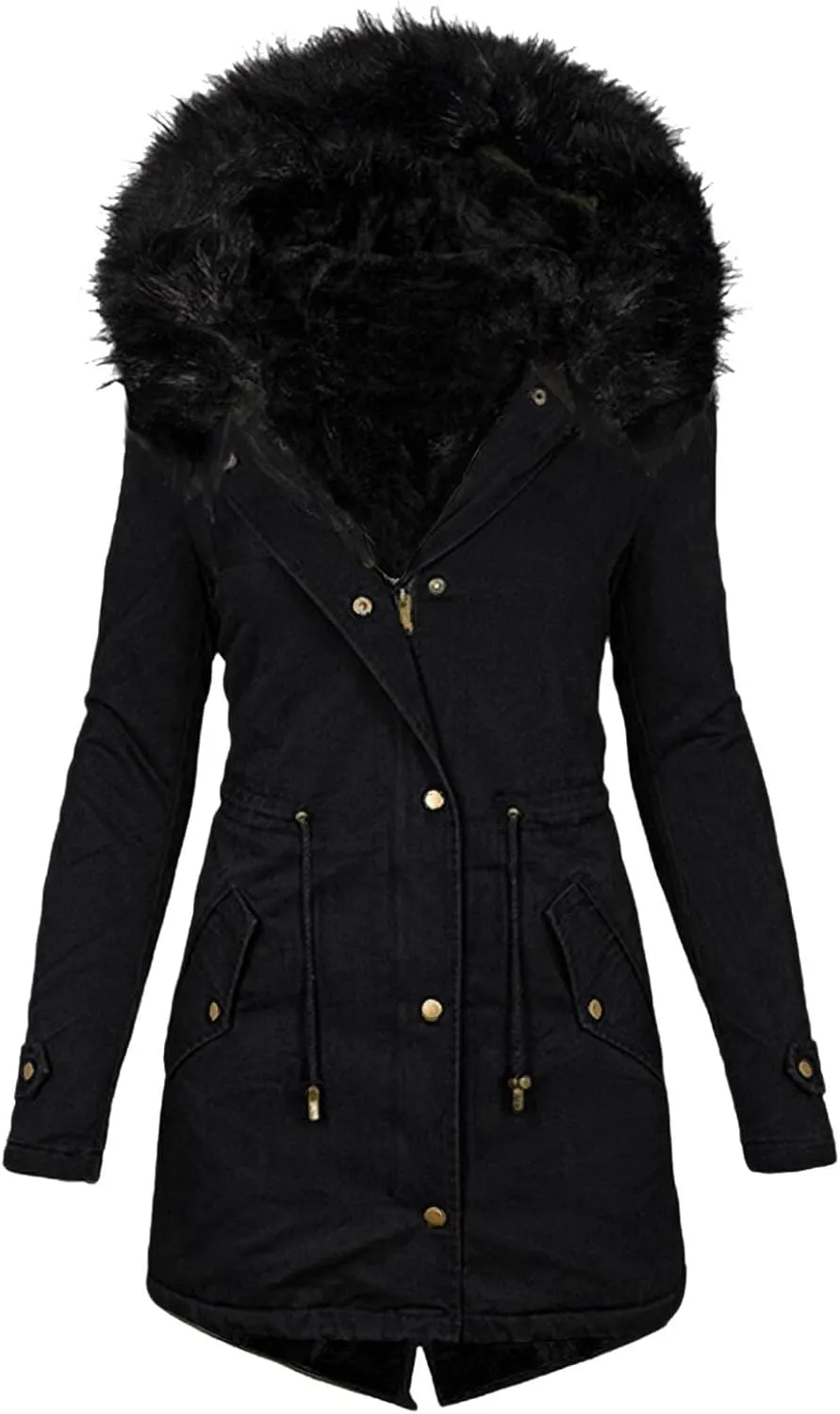 Womens Winter Coats Plus Size Long Sleeve Hooded Puffer Jacket Vintage Thicken Warm Overcoat Classic Zip Up Down Coats