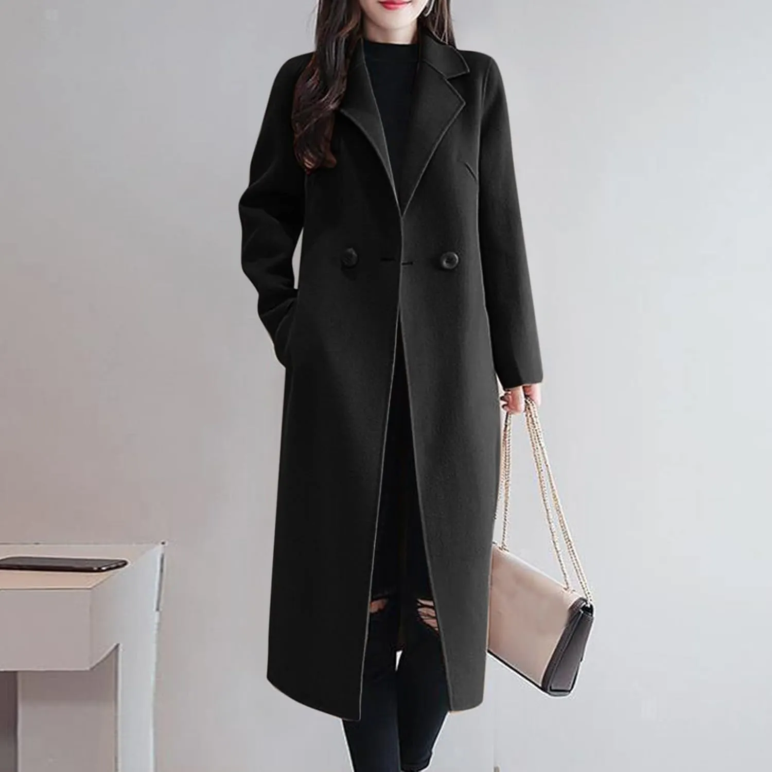 Women's Winter Double Breasted Wool Coat Long Sleeve Notch Lapel Long Trench Coat Fall Fashion for Women 2025 Trendy