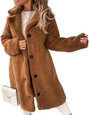 Women's Winter Fuzzy Fleece Long Coats Lapel Teddy Coat Button Down Sherpa Cardigan Warm Faux Fur Jackets with Pockets