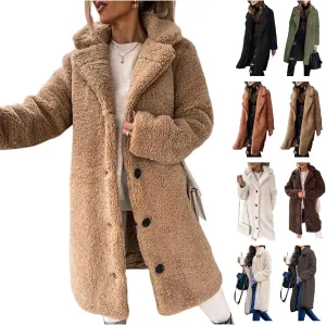 Women's Winter Fuzzy Fleece Long Coats Lapel Teddy Coat Button Down Sherpa Cardigan Warm Faux Fur Jackets with Pockets
