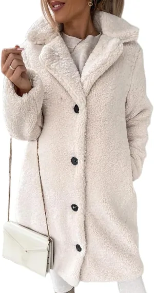 Women's Winter Fuzzy Fleece Long Coats Lapel Teddy Coat Button Down Sherpa Cardigan Warm Faux Fur Jackets with Pockets