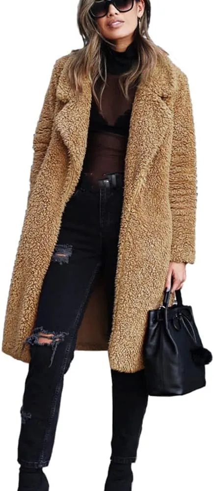Women's Winter Fuzzy Fleece Long Coats Lapel Teddy Coat Button Down Sherpa Cardigan Warm Faux Fur Jackets with Pockets