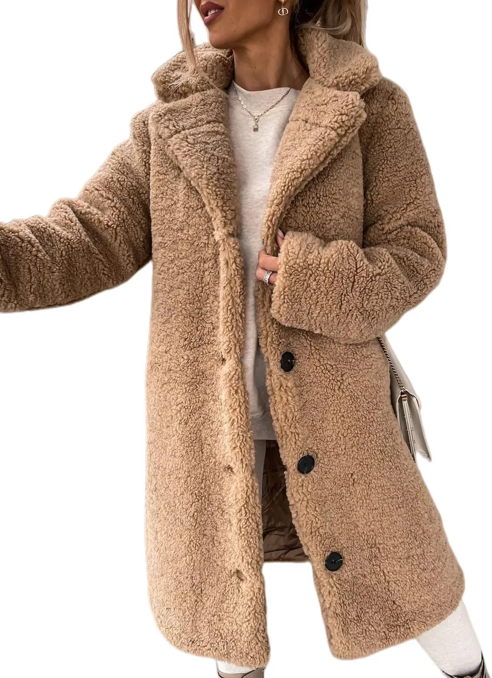 Women's Winter Fuzzy Fleece Long Coats Lapel Teddy Coat Button Down Sherpa Cardigan Warm Faux Fur Jackets with Pockets