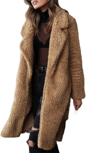 Women's Winter Fuzzy Fleece Long Coats Lapel Teddy Coat Button Down Sherpa Cardigan Warm Faux Fur Jackets with Pockets