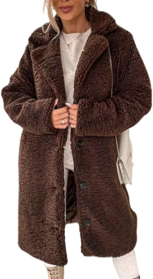 Women's Winter Fuzzy Fleece Long Coats Lapel Teddy Coat Button Down Sherpa Cardigan Warm Faux Fur Jackets with Pockets