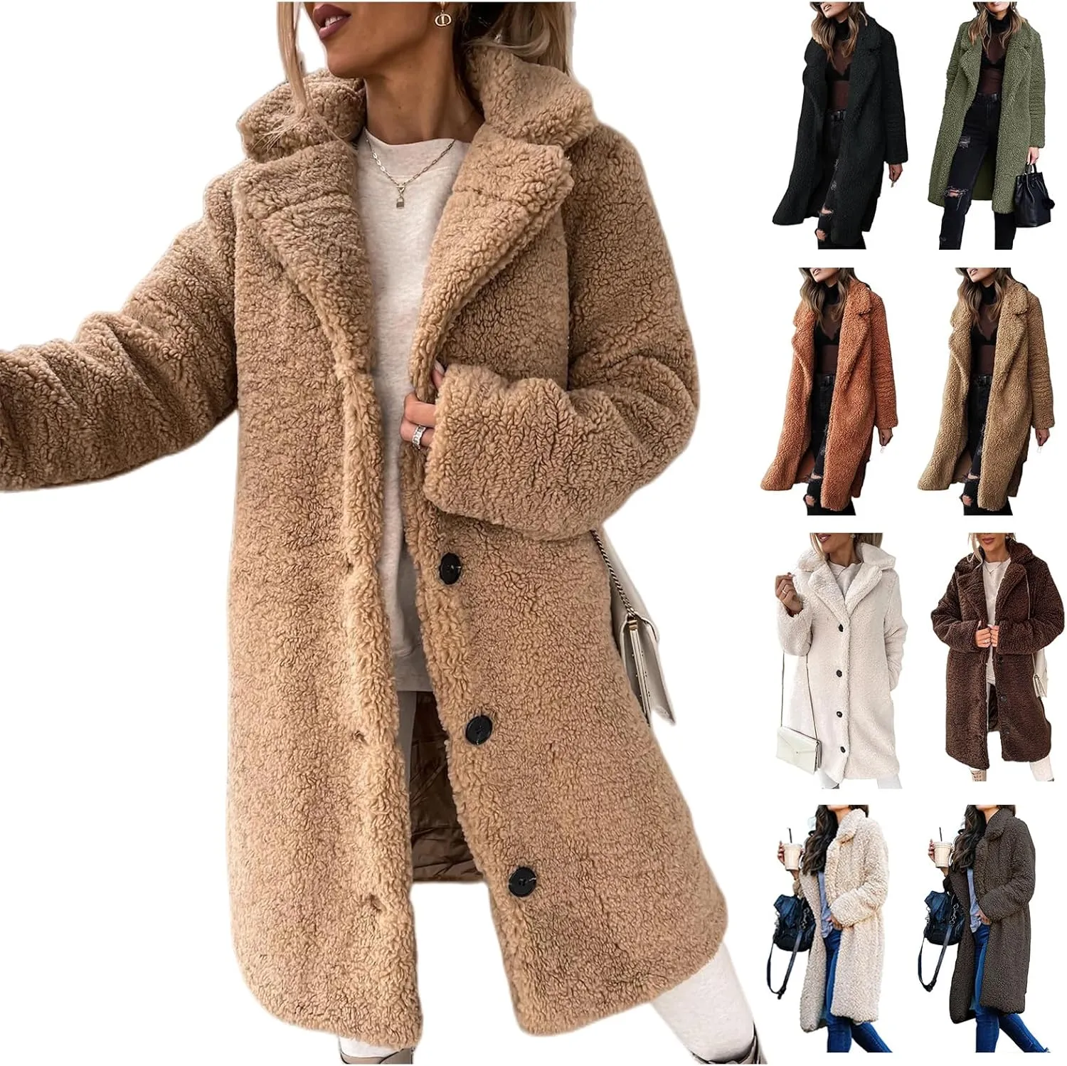 Women's Winter Fuzzy Fleece Long Coats Lapel Teddy Coat Button Down Sherpa Cardigan Warm Faux Fur Jackets with Pockets