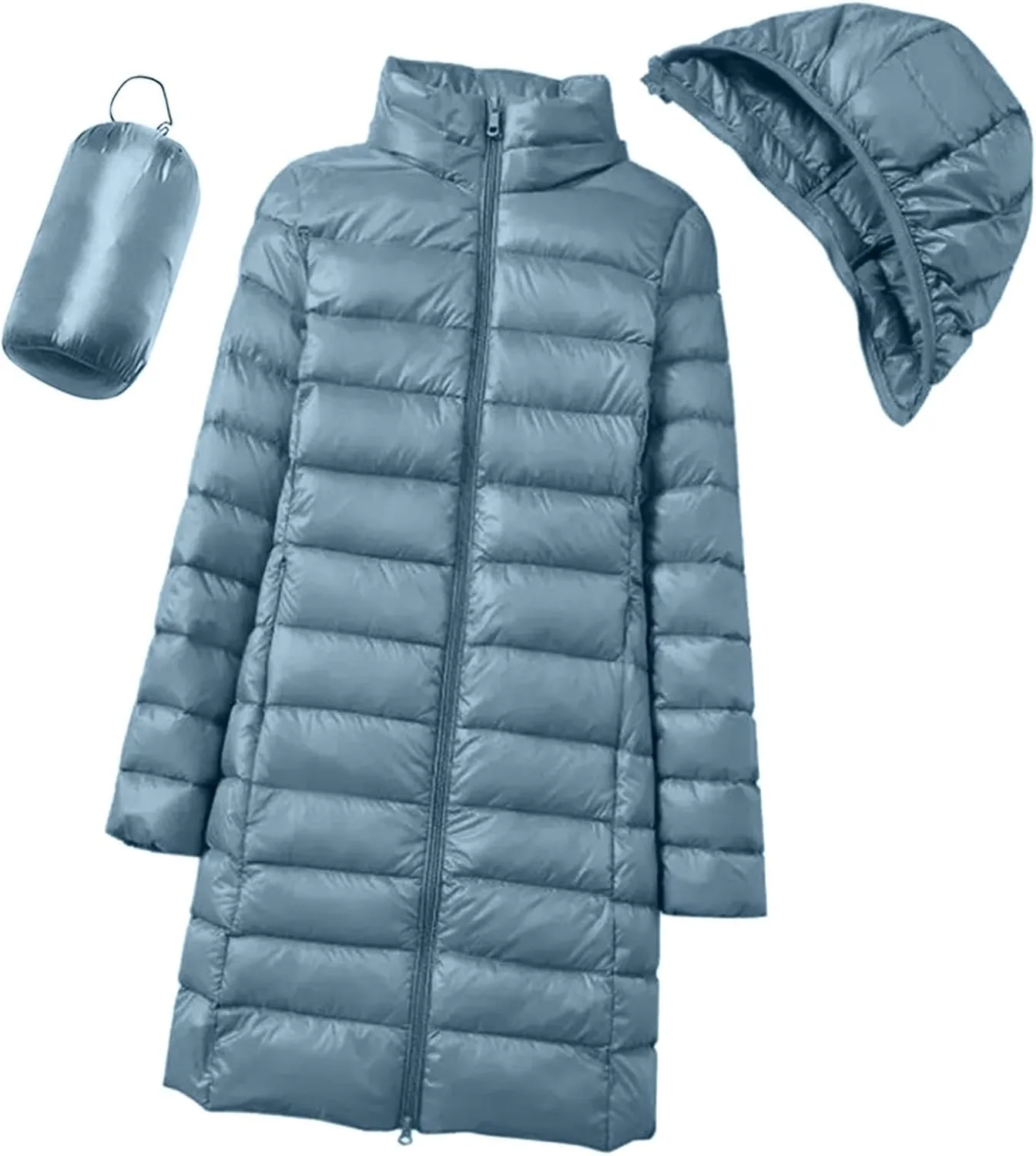 Women's Winter Packable Glossy Down Jacket Ultralight Long Down Outerwear Puffer Jacket Hooded Coat Full Zipper Parka