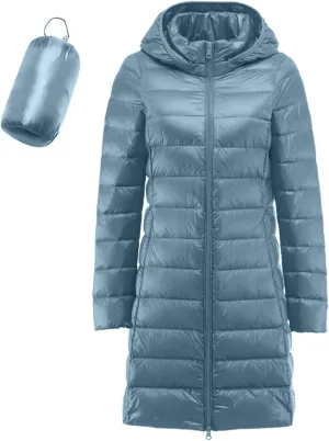 Women's Winter Packable Glossy Down Jacket Ultralight Long Down Outerwear Puffer Jacket Hooded Coat Full Zipper Parka