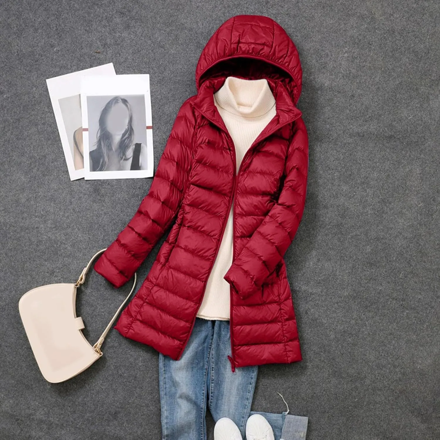 Women's Winter Packable Glossy Down Jacket Ultralight Long Down Outerwear Puffer Jacket Hooded Coat Full Zipper Parka