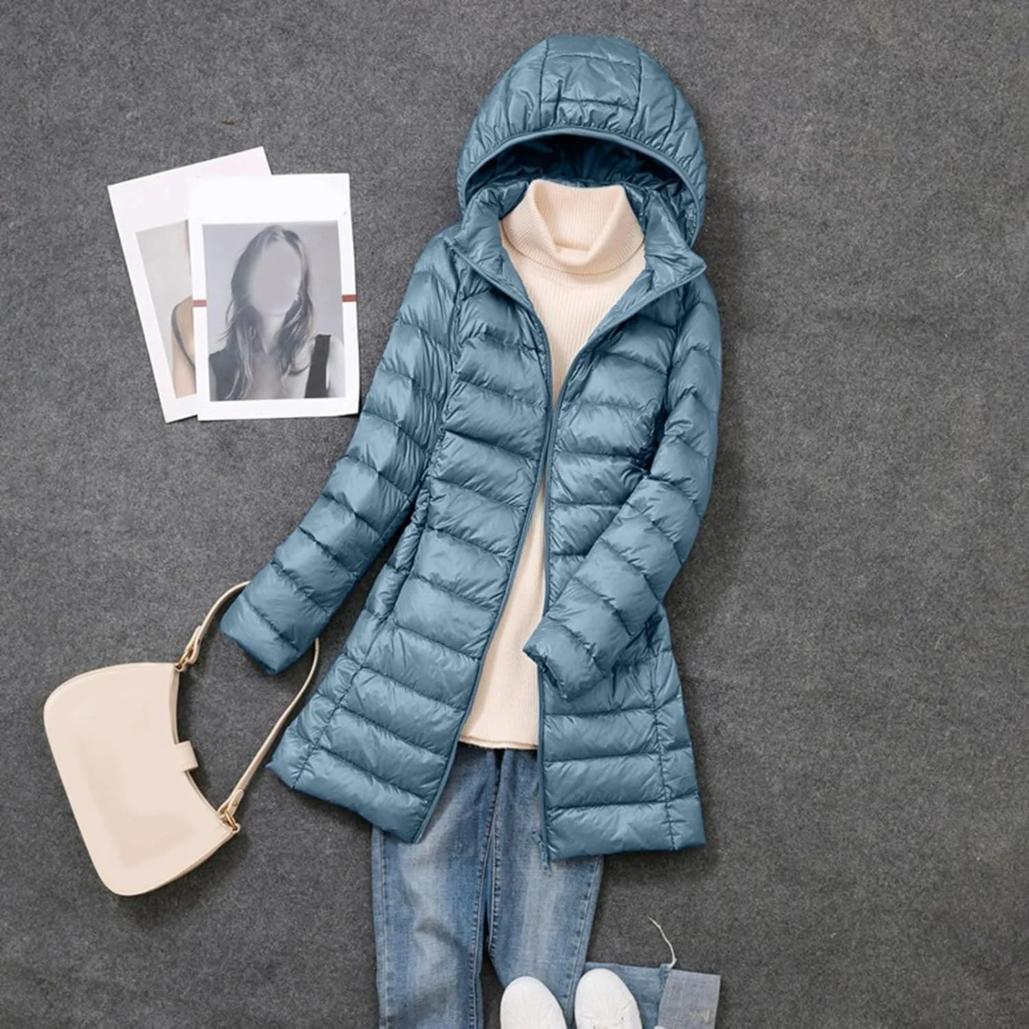 Women's Winter Packable Glossy Down Jacket Ultralight Long Down Outerwear Puffer Jacket Hooded Coat Full Zipper Parka