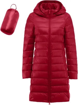 Women's Winter Packable Glossy Down Jacket Ultralight Long Down Outerwear Puffer Jacket Hooded Coat Full Zipper Parka