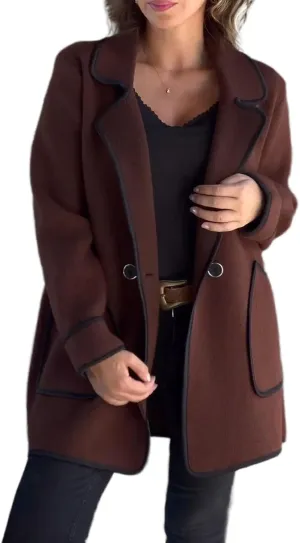 Women's Wool Contrast Jacket Color Block Oversized Wool Trench Coat Winter Business Office Wool Shacket Coat