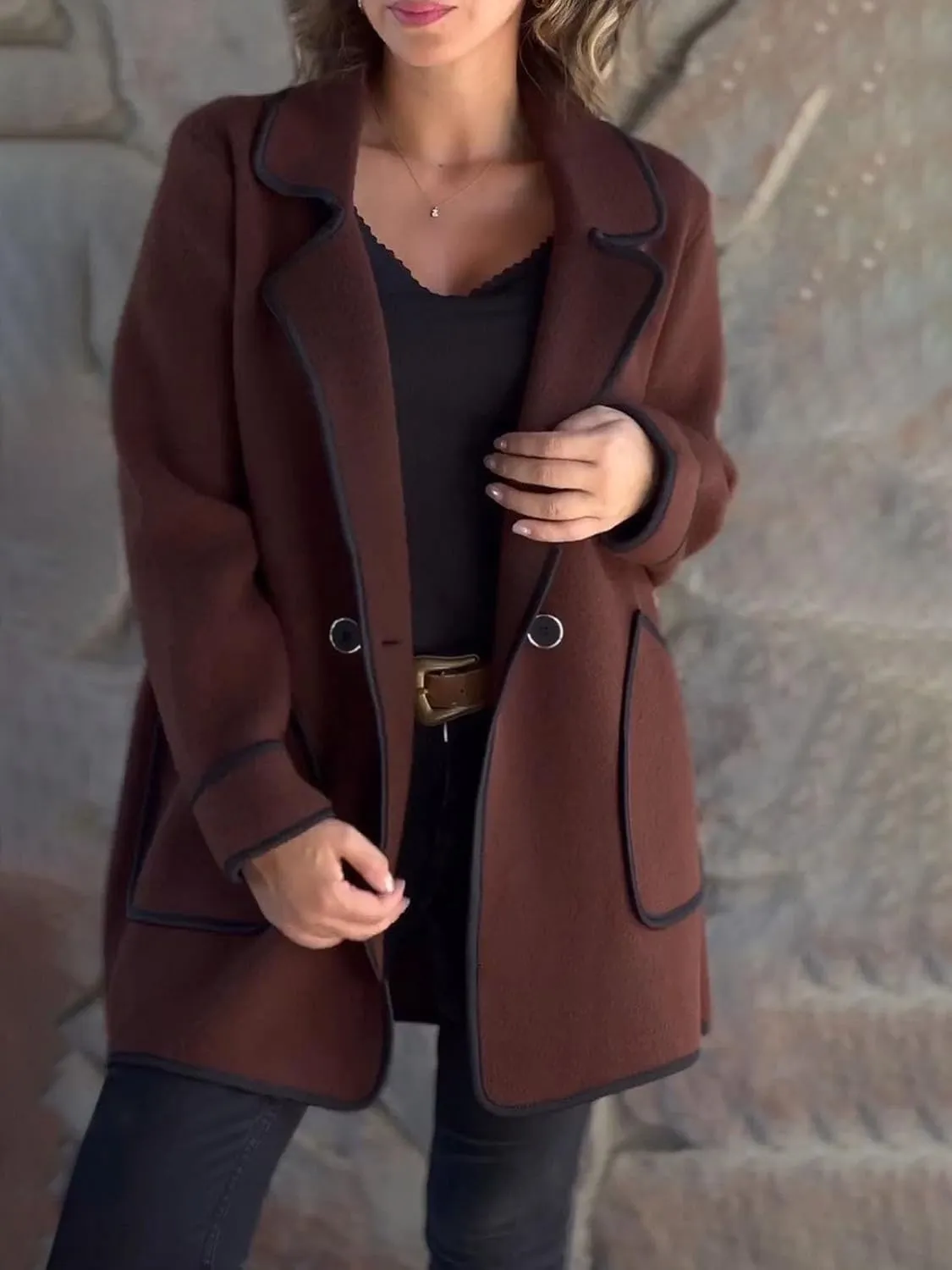 Women's Wool Contrast Jacket Color Block Oversized Wool Trench Coat Winter Business Office Wool Shacket Coat