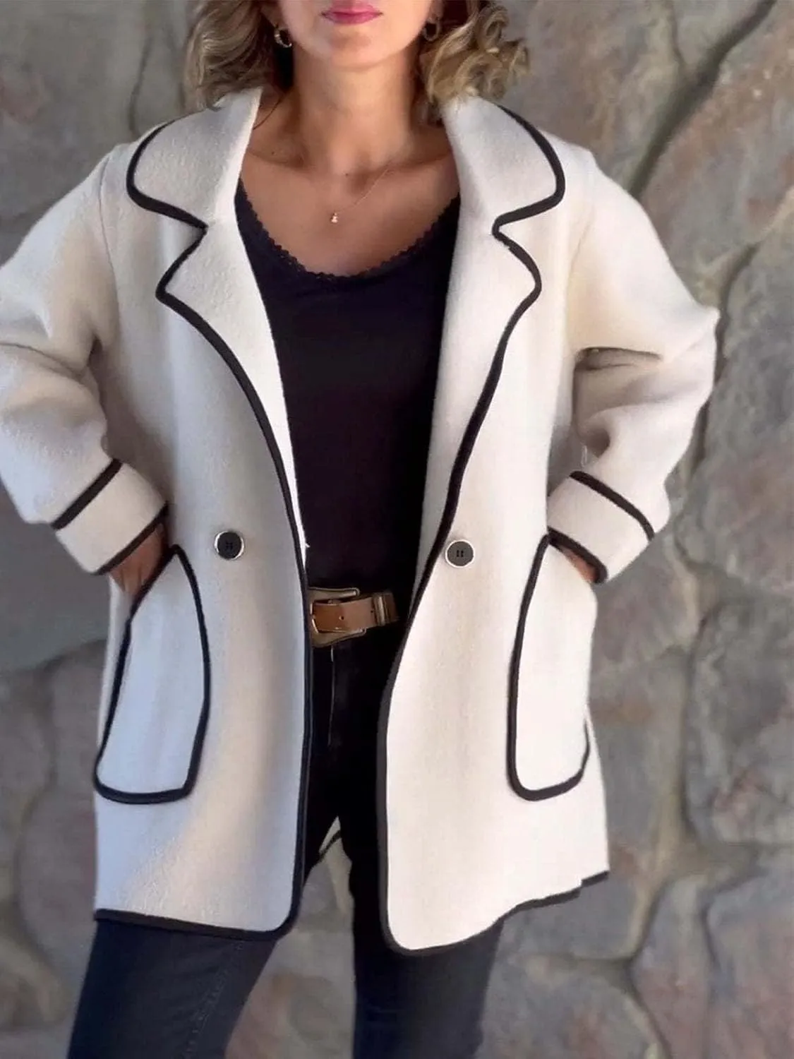 Women's Wool Contrast Jacket Color Block Oversized Wool Trench Coat Winter Business Office Wool Shacket Coat