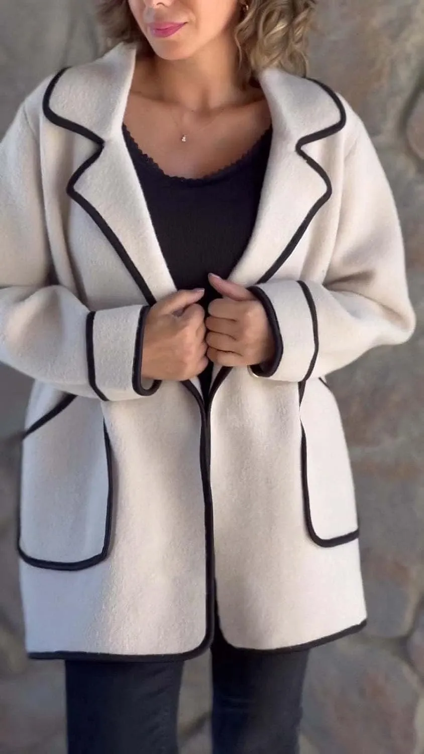 Women's Wool Contrast Jacket Color Block Oversized Wool Trench Coat Winter Business Office Wool Shacket Coat