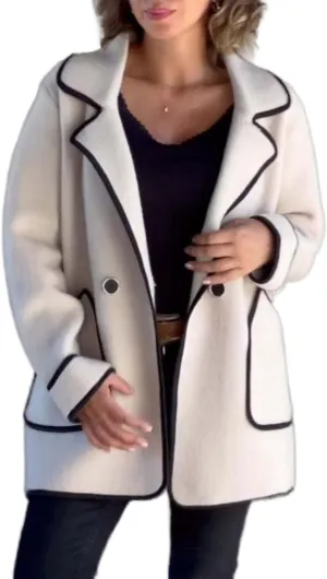 Women's Wool Contrast Jacket Color Block Oversized Wool Trench Coat Winter Business Office Wool Shacket Coat