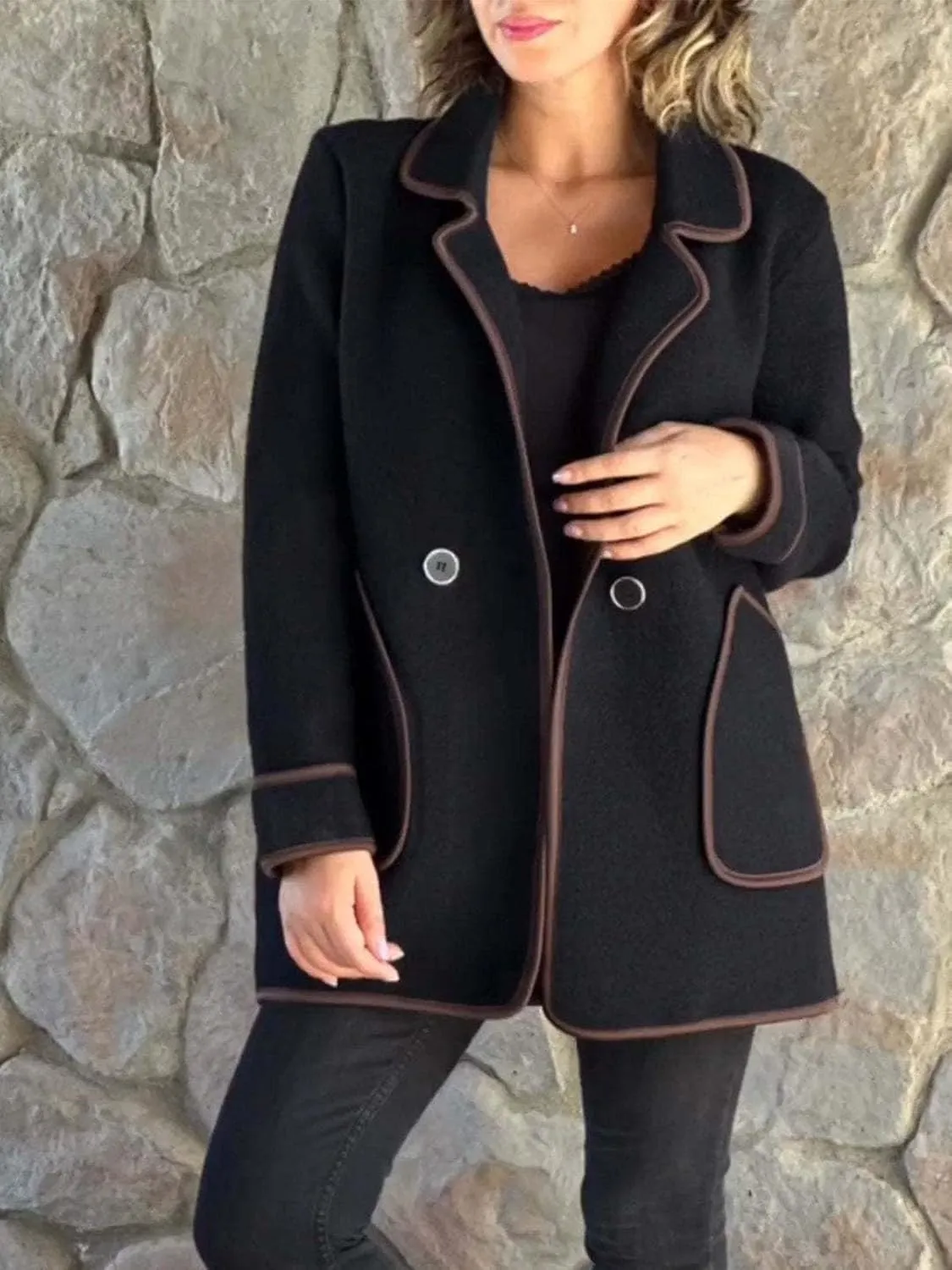 Women's Wool Contrast Jacket Color Block Oversized Wool Trench Coat Winter Business Office Wool Shacket Coat