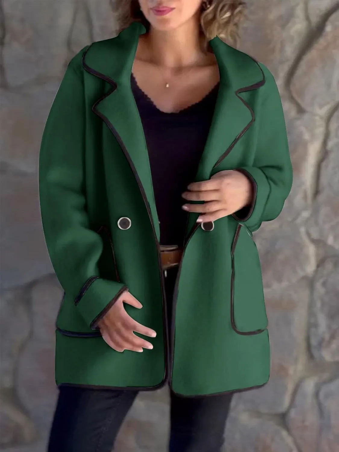 Women's Wool Contrast Jacket Color Block Oversized Wool Trench Coat Winter Business Office Wool Shacket Coat