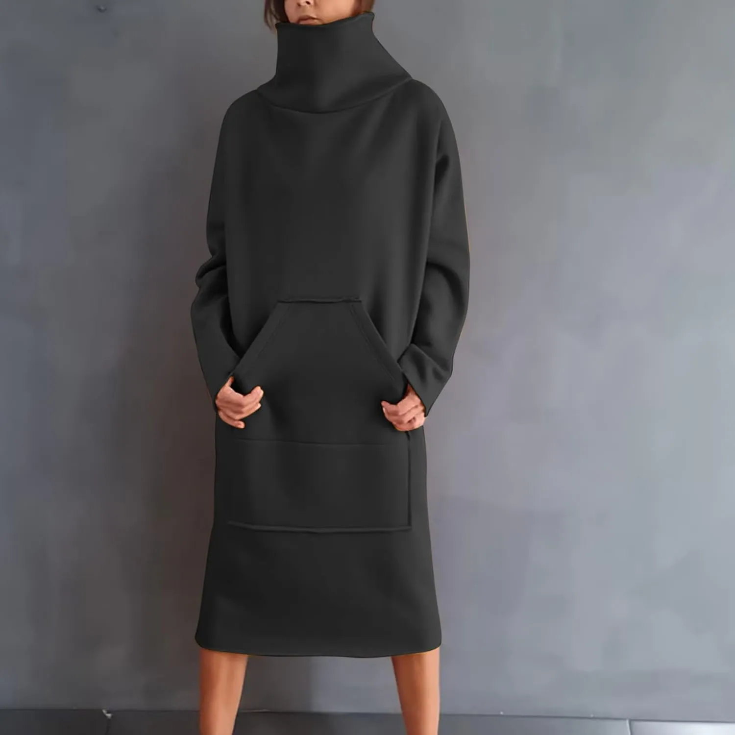 XUNRYAN Women's Hoodie Dress High Neck Fleece Hooded Dress with Kangaroo Pocket Plus Size Hoodies Sweatshirts Fashion Clothes