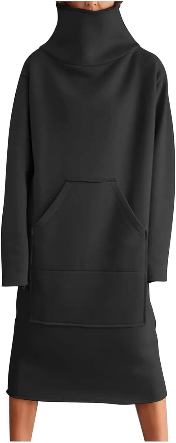 XUNRYAN Women's Hoodie Dress High Neck Fleece Hooded Dress with Kangaroo Pocket Plus Size Hoodies Sweatshirts Fashion Clothes